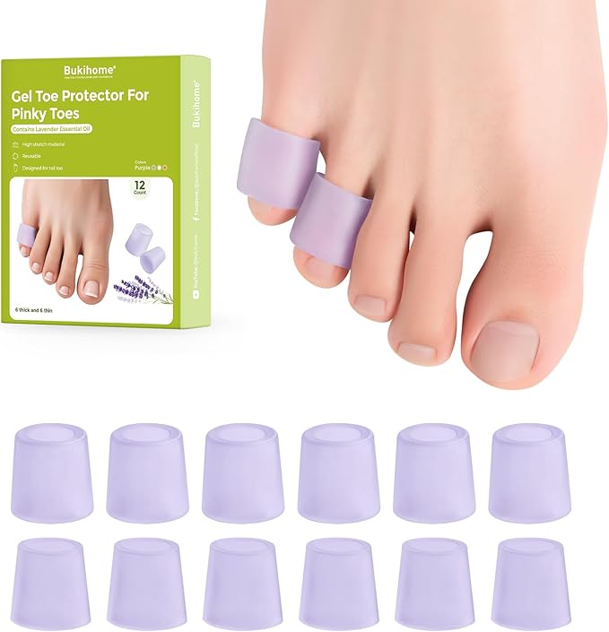 Bukihome Silicone Toe Protectors – Silicone Open Pinky Toe Sleeves for Hammer Toes, Corns, Calluses, Blisters – Soft Gel Protector Toe Cushions for Pain Relief - 12 Count, Lavender (6 Thick +6 Thin)