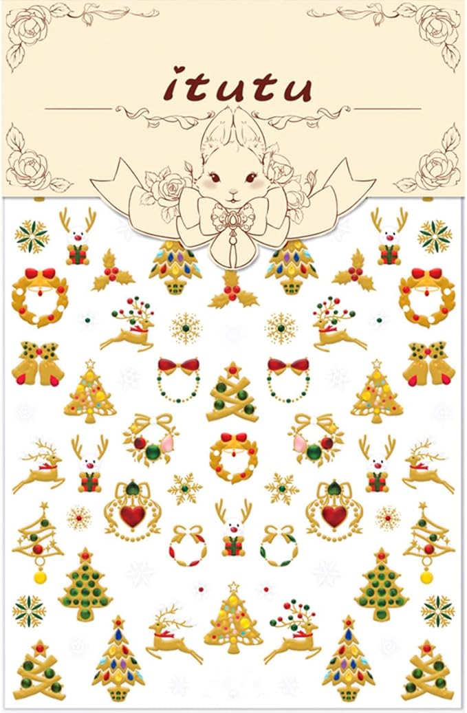 Christmas 5D Embossed Nail Art Stickers Gold Xmas Trees Nail Decals Self Adhesive Snowflake Bell Reindeer Snowman Nail Stickers Xmas Holiday Gift Nail Design Stickers Elk Nail Art Supplies for Women