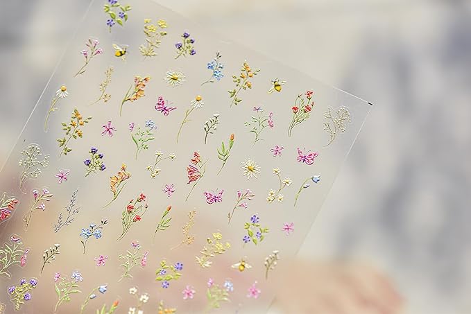 1Pcs Embossed Flower Nail Stickers Small Daisy Nail Decals 5D Embossed Wildflower Nail Art Stickers Spring Summer Pink Yellow Blue White Green Flower Design Nail Art Decoration for Women Girls Kids