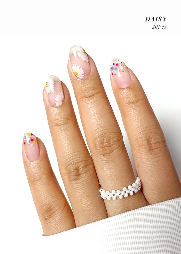 Semi Cured Gel Nail Strips (Daisy), Clear, Summer, 20 Pcs Gel Nail Wraps, Stickers, UV Light Required, Salon Quality, Long Lasting