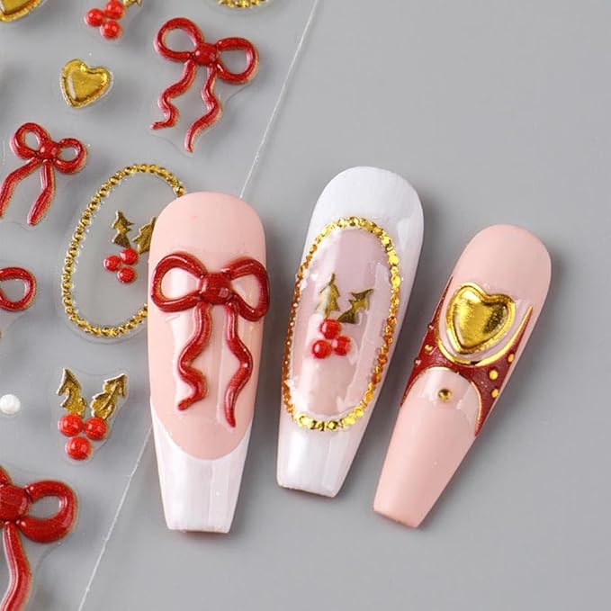 5D Embossed Nail Stickers Red Gold Bow Heart Nail Decals DIY Self Adhesive Christmas Nail Design Sticker Cute Nail Decoration Supplies Holiday Manicure Accessories for Women Girls 2Pcs