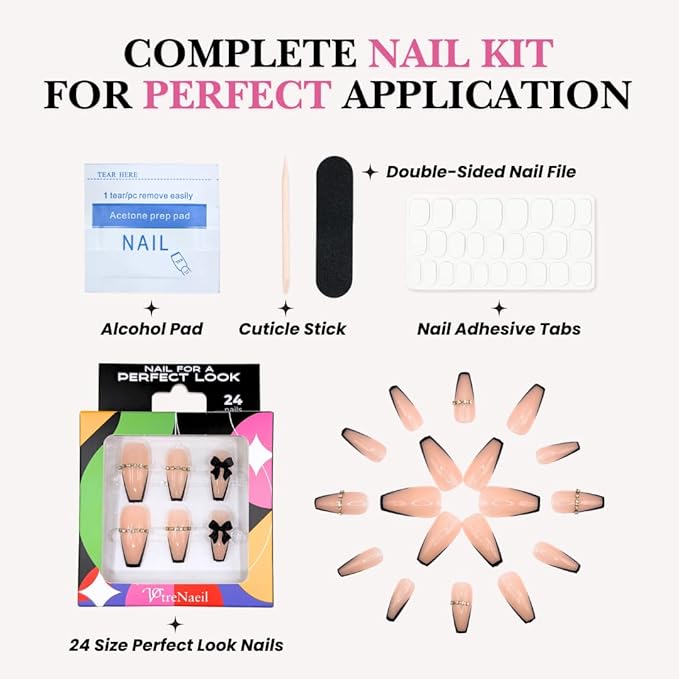 Perfect Look Press On Nails - Bow French | No Glue One-Day Long Coffin Nails, Black French Nude Nails with 3D Bow - 24 Pcs Nail Kit with Adhesive Tabs