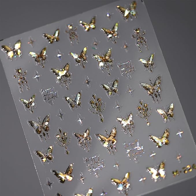 Butterfly Nail Art Stickers and Decals - 5D Embossed Gold Butterflies Star Accessories for Women Girls Spring Summer Decoration - Shiny Art Supplies