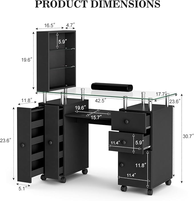Paddie Manicure Table Nail Tech Table, Glass Top Nail Desk Station for Nail Tech w/Shelves & Wrist Cushion, Acetone Resistant Beauty Salon Workstation w/Lockable Wheels(Black)