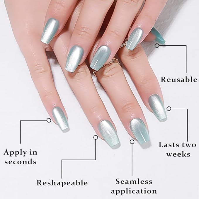 evpct Cat Eye Coffin Press on Nails Square Medium, Glue on Nails Medium Square for Women Gift, Teal Light Blue Green Metallic Glitter Glossy Gel Reusable Stick Acrylic Fake Press on Nail with Designs