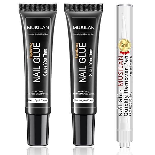 2PCS 18g Solid Nail Glue Gel with 6ml Remover Pen,Super Strong Nail Glue & Quick Drying Remover for Press On Tips No Need for UV Lamp Magic Click Removal Pen Powder Design