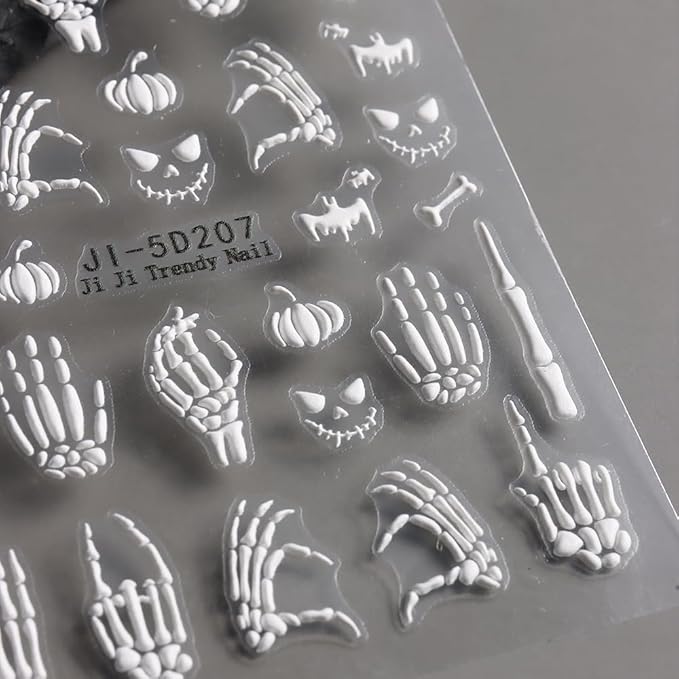 Halloween Nail Art Stickers 5D Embossed Rose Skeleton Nail Decals 3PCS Gold Rose Gold White Fantasy Bone Pumpkin Bat Design Halloween Nail Stickers Supply for Women Holiday Manicure Nail Decorations