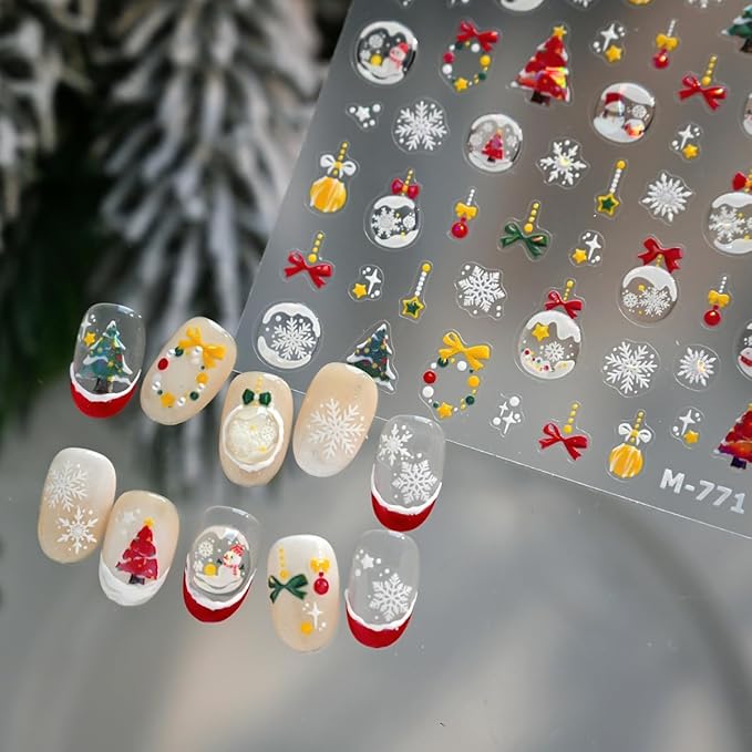 5D Embossed Christmas Nail Sticker Snowman Xmas Tree Snowflake Wreath Nail Art Sticker Self Adhesive Nail Decals for Women Girls Winter Holiday Manicure DIY Nails Supplies
