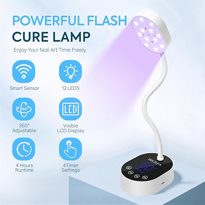 UV LED Nail Lamp 36W – Cordless Flash Cure Gooseneck Mini UV Lamp for Gel X Nails, Portable USB Rechargeable Nail Dryer with Auto Sensor, 4 Timers & LCD Display for DIY Home Manicure (White)