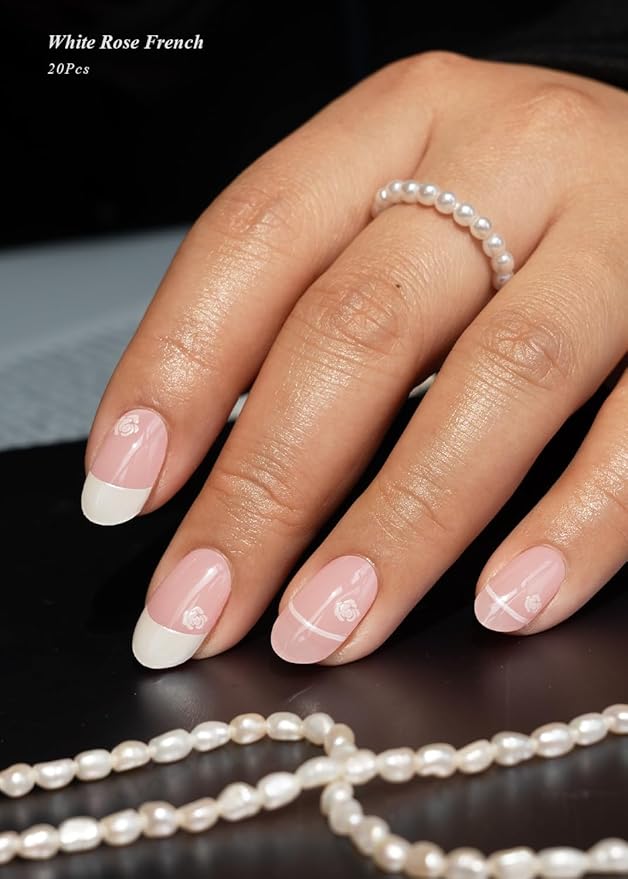 Semi Cured Gel Nail Strips (White Rose French), Chrome, 20 Pcs Gel Nail Wraps, Stickers, UV Light Required, Salon Quality, Long Lasting