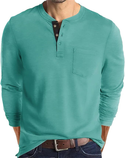 Lexiart Mens Fashion Henley Shirts Long Sleeve Button Cotton T-Shirt with Pocket