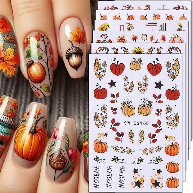 6Pcs Fall Nail Stickers Thanksgiving Pumpkin Nail Decals DIY Self Adhesive Maple Leaves Nail Design Sticker Autumn Nail Decoration Supplies Manicure Accessories for Women Girls
