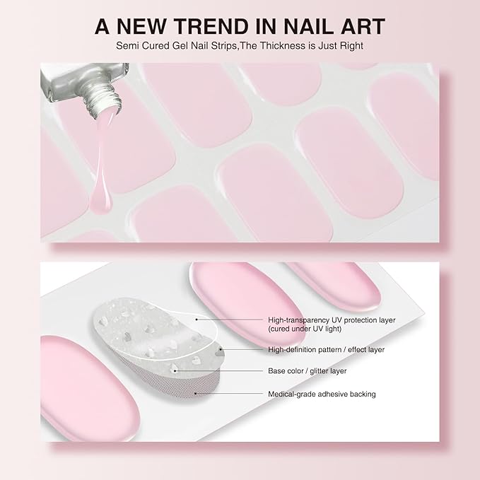 Semi Cured Gel Nail Strips, 20 PCS Nail Stickers, UV Light Cured, Salon Quality, Easy to Use - Translucent Pink