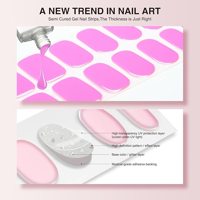 Semi Cured Gel Nail Strips, 20 PCS Gel Nail Stickers Work with UV Light, Salon Quality & Easy to Use - Rose Lover