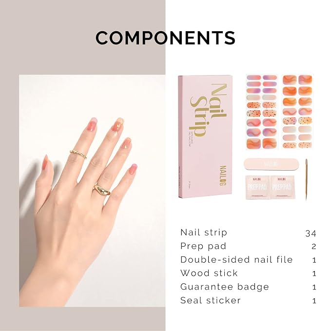 Nailog Semi Cured Gel Nail Strips 34 pcs | Long Lasting Nail Polish Sticker Wraps with Glossy Gel Finish | Twilight