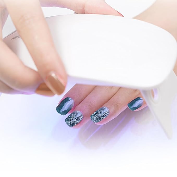 WOKOTO 1 Sheet Semi Cured Gel Nail Strips With Wood Stick, Nail File & Prepared Pads, 20 Tips Glittery Fantasy Green Semi Cured Nail Polish Strips, Harden With UV Light Gel Nail Wraps Stickers