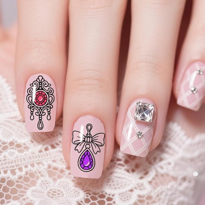 PH PandaHall 3pcs Jewelry Pendant Nail Art Stamping Plate Diamonds Bows Nail Stamper Vintage Jewelry Print Nails Stencils Stainless Steel Nails Image Plates for Manicures Arts Design Salon Printing