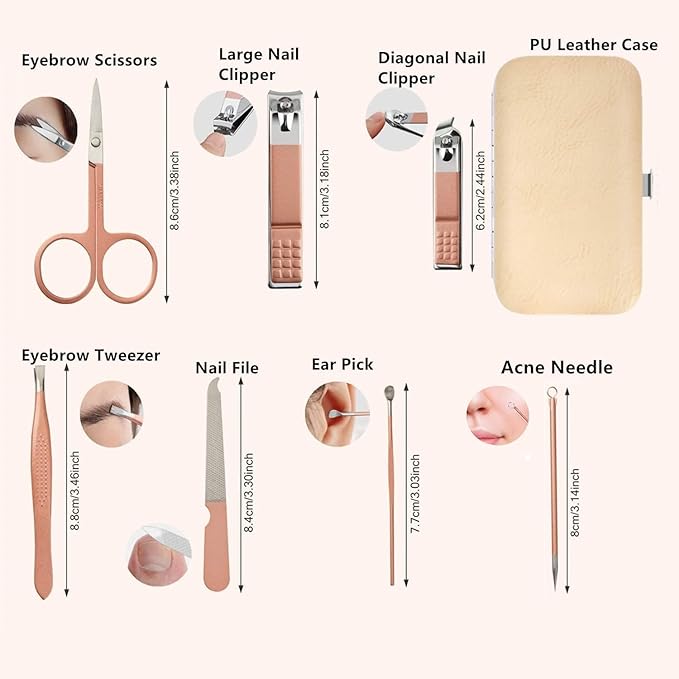 Manicure Set Nail Clipper Set Stainless Steel Women Men Toe Finger Nail Clippers Personal Care Tools with Portable Travel Case Manicure Pedicure Tools Women Men Grooming Kit Present(Rose Gold)