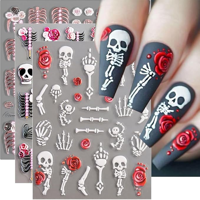 Halloween Nail Stickers 5D Embossed Skull Skeleton Nail Decals DIY Self Adhesive Nail Design Sticker Halloween Nail Decoration Supplies Holiday Manicure Accessories for Women Girls 3Pcs
