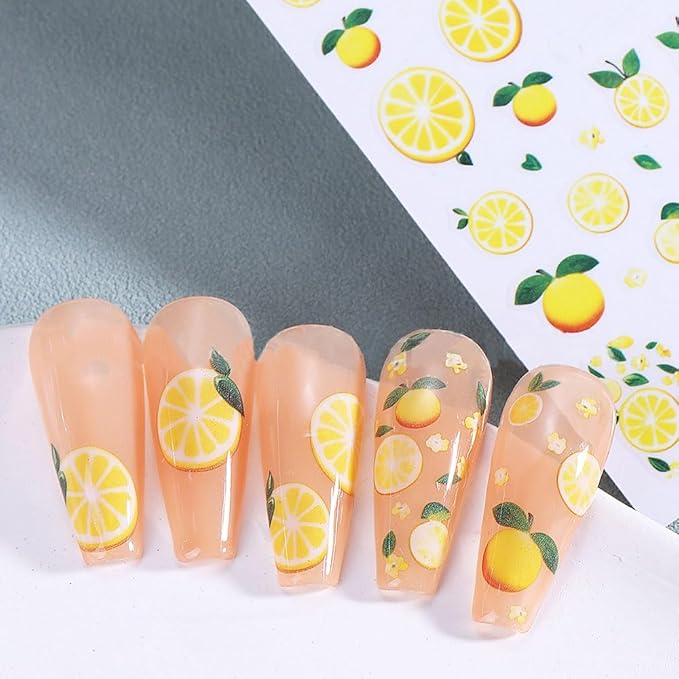 6 Sheets Fruit Nail Art Stickers Decals, 3D Self-Adhesive Embossed Lemon Strawberry Blueberry Stickers Nail Stickers for Women DIY Summer Manicure Decorations