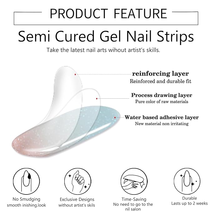 WOKOTO 1 Sheet Semi Cured Gel Nail Strips With Wood Stick, Nail File & Prepared Pads, 20 Tips Shimmery Ice Blue Ombre Semi Cured Nail Polish Strips Stickers, Harden With UV Light Gel Nail Stickers