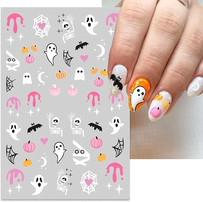 12Pcs Halloween Nail Stickers - 3D Self-Adhesive Halloween Nail Decals - Pink Ghosts Skull Pumpkin Nail Design Decorations for Halloweens DIY Manicure Supplies