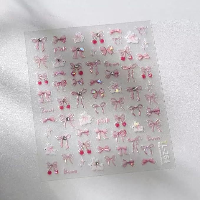 2 Sheets Bow Nail Art Stickers Glitter Pink Blue Bows Nail Art Decals 3D Self-Adhesive Cute Bow Nails Sticker Acrylic DIY Decoration Supplies Charms for Women and Girls