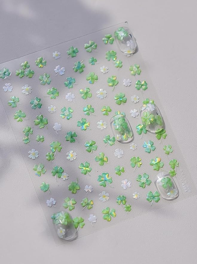Clover Nail Stickers 5D Embossed – Premium Salon-Quality Nail Charm Accessories, Easy Application & Self-Adhesive Spring Green Lucky Four Leaf for DIY Manicure, Nail Art, Press on, Home or Salon Use