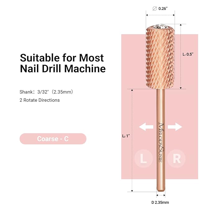 MelodySusie Crystal Top Nail Drill Bits, 3/32'' Large Barrel Carbide Bits, Suitable for Manicure Pedicure Cuticle Gel Polishing, Beginners Bits, Rose Gold, Series Bit-S, Coarse