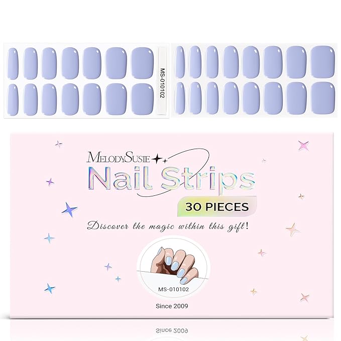 MelodySusie Semi Cured Gel Nail Strips,Misty Blue, Works with Any Nail Lamps, Salon Quality, Long Lasting, Easy to Apply and Remove, Includes 30Pcs, 2 Prep Pads, Nail File and Wooden Stick