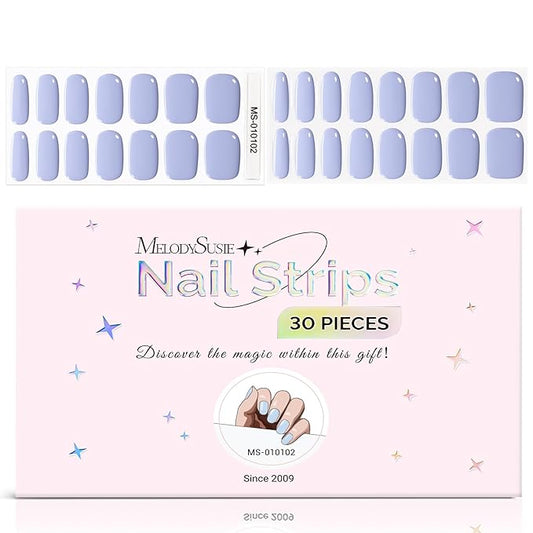 MelodySusie Semi Cured Gel Nail Strips,Misty Blue, Works with Any Nail Lamps, Salon Quality, Long Lasting, Easy to Apply and Remove, Includes 30Pcs, 2 Prep Pads, Nail File and Wooden Stick