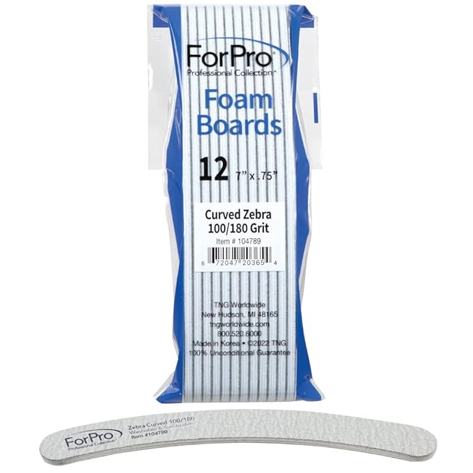 ForPro Professional Collection Zebra Curved Foam Board, 100/180 Grit, Double-Sided Manicure and Pedicure Nail Files, 7” L x .75” W, 12-Count