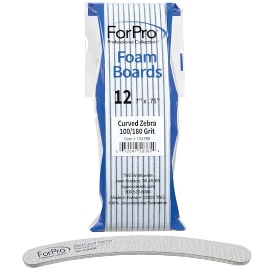 ForPro Professional Collection Zebra Curved Foam Board, 100/180 Grit, Double-Sided Manicure and Pedicure Nail Files, 7” L x .75” W, 12-Count