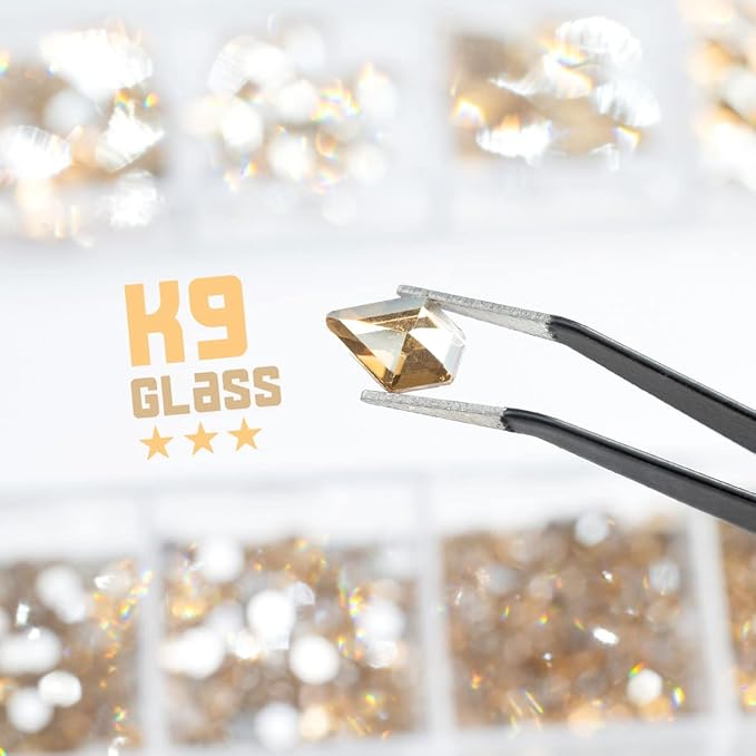 2052Pcs Champagne Gold Nail Rhinestones 72 Multi Shapes Golden Rhinestones for Nails Flatback Nail Gems +1980 K9 Glass Round Beads Stones Diamonds Nail Charms Art for Nails Faces Eyes Crafts