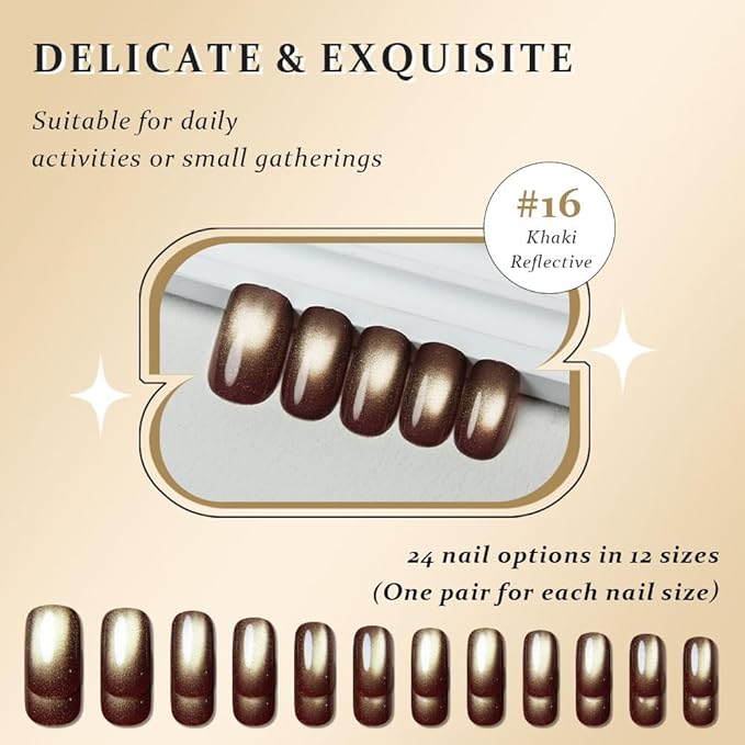 Khaki Reflective Cat Eye Press on Nails Medium Square, Medium Square Press Glue on Nails Chrome for Women, Khaki Holographic Glitter Glossy Reusable Gel Acrylic Fake Nail with Designs Cateye Effect