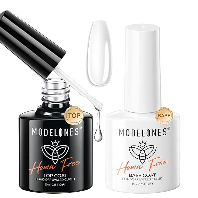 modelones No Wipe Gel Top Coat and Base Coat Set, 2 Pcs Clear Glossy Hema Free Base Top Coat Gel Nail Polish Long Lasting for Fall Nail Polish, Acrylic Nails Soak Off Nail Lamp Nail Art Home Salon