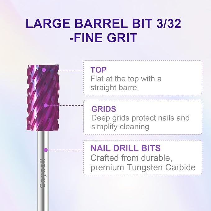 3/32" Large Barrel Bit Tungsten Carbide Nail Drill Bit Safety Bit for Gel & Acrylic Removal, 2- Way Rotating Efile Tip, Salon Electric File Accessory (3XC Girt, Purple)