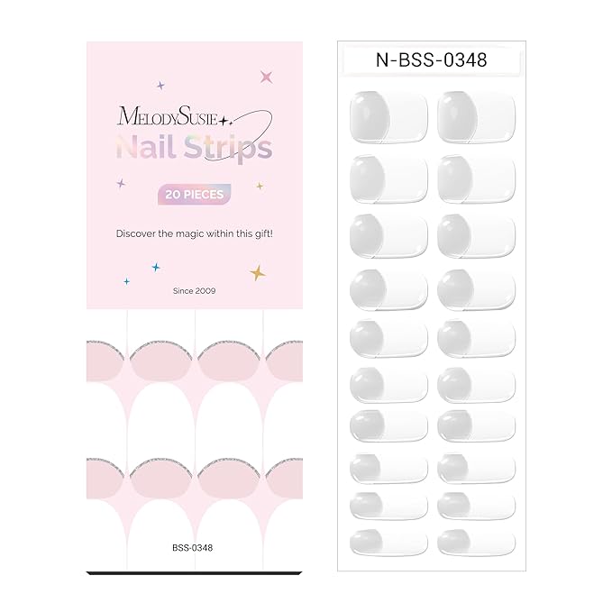 MelodySusie Semi Cured Gel Nail Strips (White French Tips), 20 PCS Classic Gel Nail Stickers, UV Light Required, Durable & Salon Quality