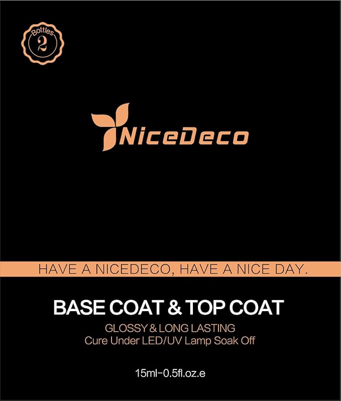 Nicedeco Hema Free No Wipe Gel Top Coat and Base Coat Set 2 Pcs 15ml Low Odor Cruelty Free Vegan Gel Nail Polish Glossy Shine Long Lasting Gel Base Top Coat