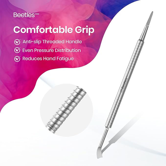 Beetles Dual-End Nail Pusher & Cuticle Cleaner - 14mm Serrated Edge & 5mm Curved Blade, Ergonomic Anti-Slip Handle, Professional Manicure Tool for Nail Care
