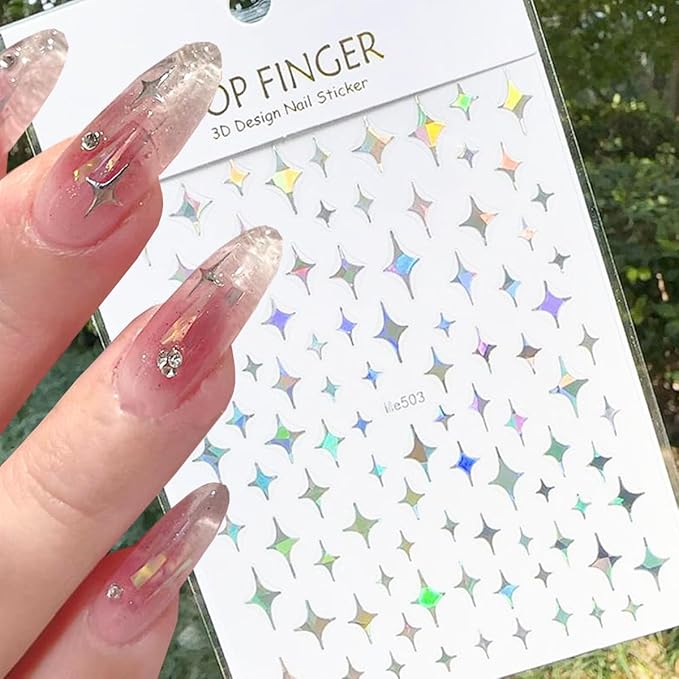 10PCS Silver Nail Stickers for Metallic Nail Art Decals, 3D Glitter Shiny Laser Silver Star Moon Sun Heart Self-Adhesive Sticker Nail Designs Stars Nail Stickers for Nails DIY Nail Tip Manicure Decor