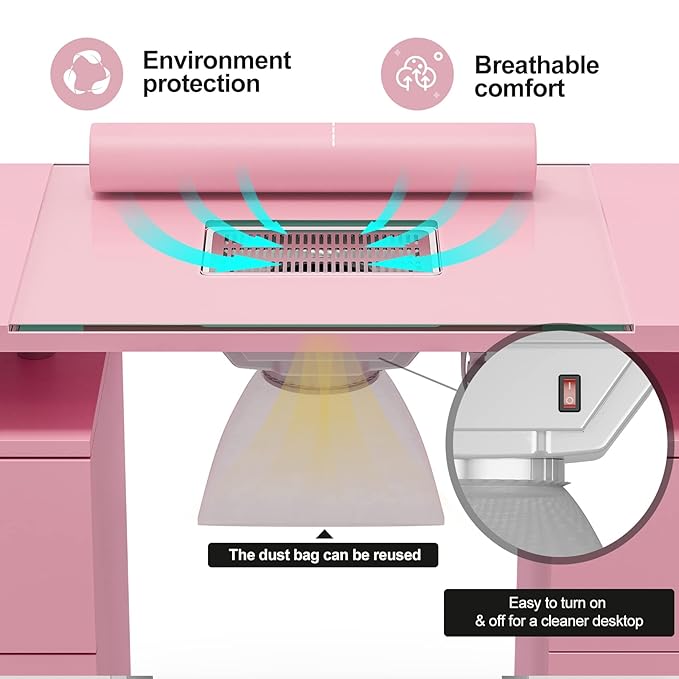 Paddie Manicure Table, Glass Top Nail Makeup Desk Nail Table Station for Nail Tech w/Electric Downdraft Vent, Wrist Cushion, Lockable Wheels, Storage Drawers, Wooden Handles（Pink）
