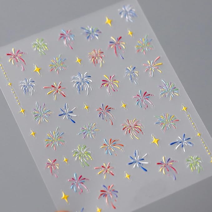 Holographic Firework Nail Art Stickers, Independence Day Patriotic Design, Sparkling Starry Sky Decals for Manicure, 2 Sheets