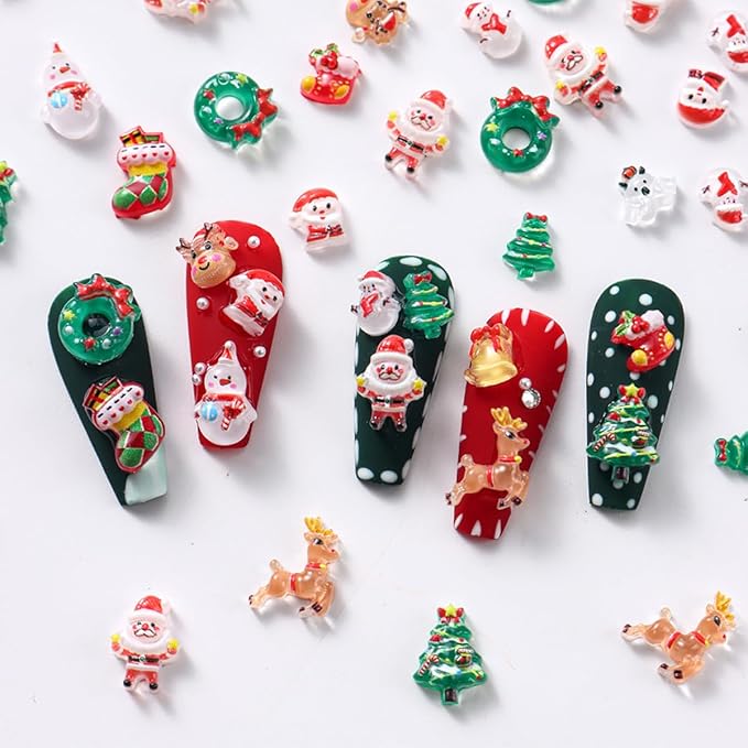 50pcs Christmas Nail Charms: 3D Mix Colorful Reindeer, Snowman, Santa Claus, Bell Nail Rhinestones for Women Xmas DIY