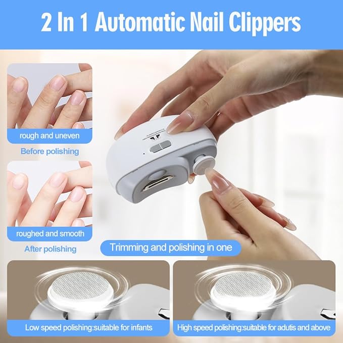 Electric Nail Clipper with Polishing - 2 in 1 Automatic Nail Clippers,Dust Storage & LED Light,Rechargeable,Cordless Electric Nail Trimmer for Men/Women/Seniors/Kids