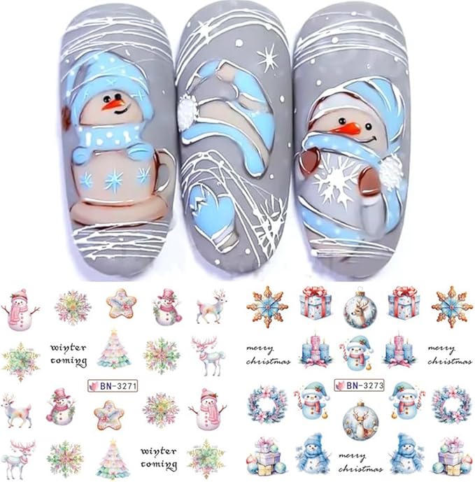Christmas Nail Art Stickers Snowman Snowflake Water Transfer Nail Decals Xmas Winter Nail Art Decorations Cute Penguin Santa Claus Elk Gingerbread Man Gift Design Nail Foil Sticker for Women DIY Nails