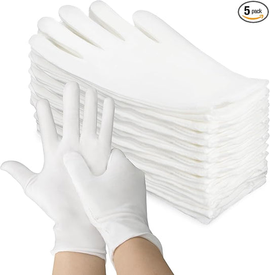 5 Pairs White Cotton Gloves - Breathable Cotton Gloves for Dry Hands Sleeping, Inspection, Coin Handling, Reusable Soft Cloth Glove for Eczema, Spa, Moisturizing Hands, High Elasticity, Women and Men