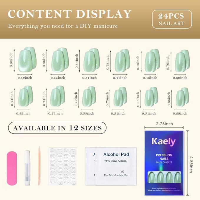 evpct Light Green Cat Eye Coffin Press on Nails Square Medium, Medium Square Glue on Nail for Women, Light Green Metallic Glitter Glossy Reusable Summer Soft Gel Press on Acrylic Fake Nail with Design