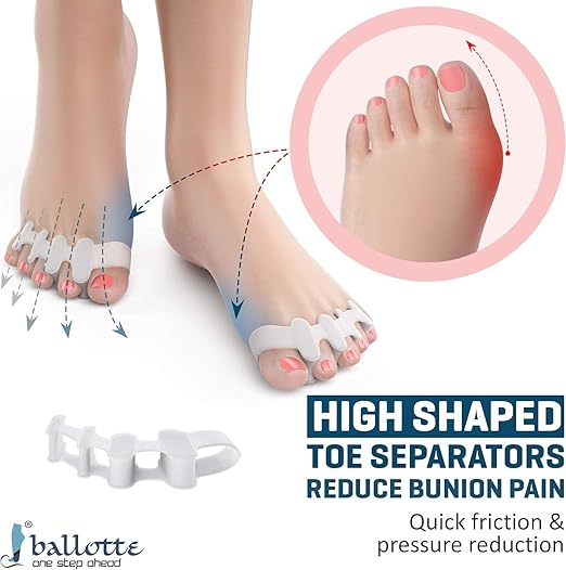 Ballotte Toe Separators, Silicone Toe Spacers for Bunions and Overlapping Hammer Toes, Athletic Tootsie Spacers for Running and Yoga, Foot Finger Splitters for Men & Women (6 Pack)