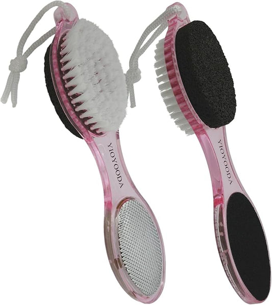 Foot File Callus Remover 4-in-1, 2 Pcs Feet Scraper Pedicure Tools with Pumice Stone, Scrubber Brush, Foot Rasp and Sand Paper, Double Sided Multi Purpose, Clear Pink